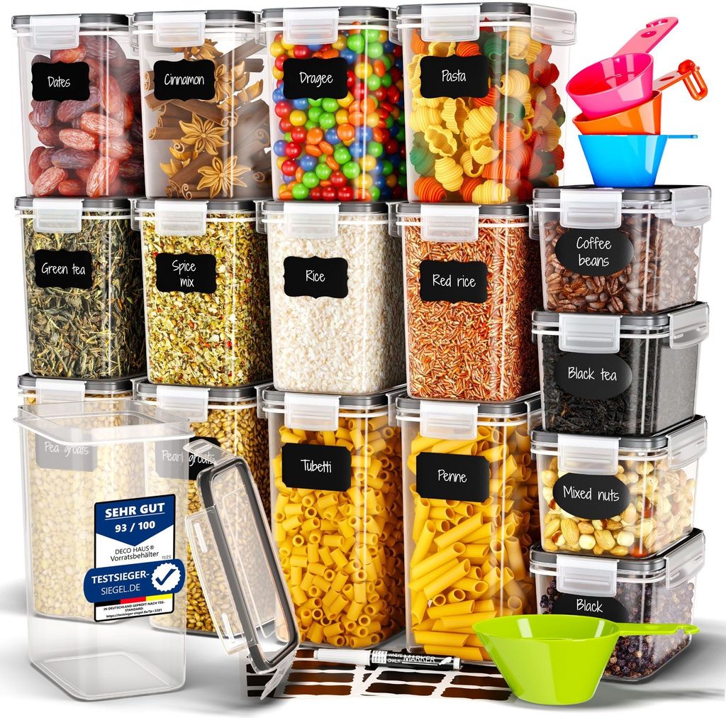 A collection of clear plastic food storage containers filled with various dry goods, arranged in multiple rows.