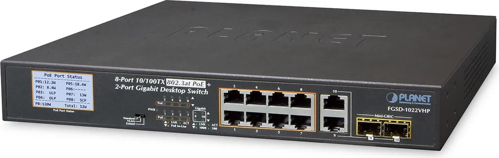 Switch PoE LCD 120W PLANET FGSD-1022VHP 8 Ports et Combo SFP Gigabit