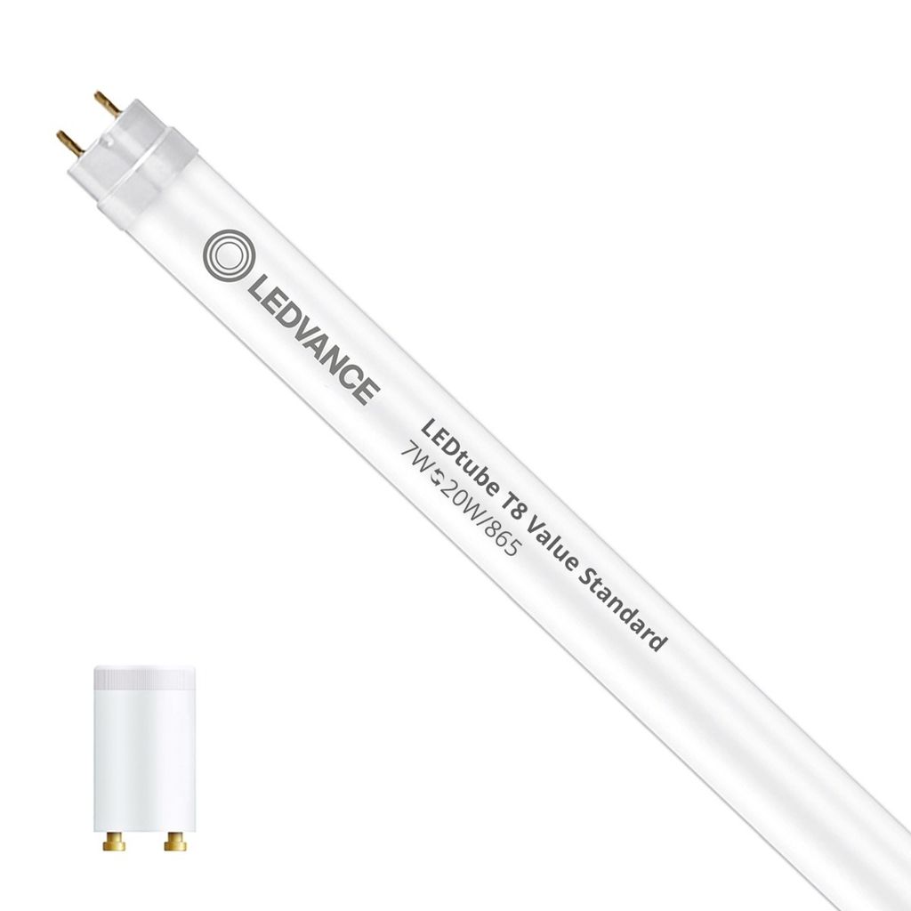 A single LED tube light is shown diagonally against a white background. A smaller, cylindrical object, possibly a connector or adapter, is visible in the bottom left corner.