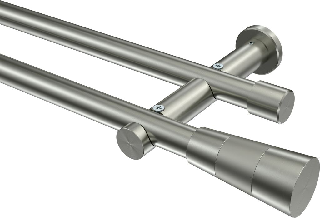 Interdeco Gardinenstange / Vorhangstange Edelstahl-Optik, Typ Platon Tanara (Konus Bicolor) ohne Ringe, 20 mm Ø 2-läufig, 180 cm