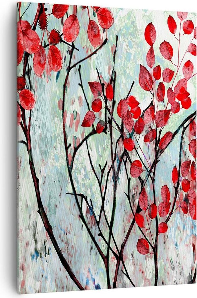Bild auf Leinwand - Leinwandbild - Einteilig - Rot Blätter Zweige - 70x100cm - Wand Bild - Wanddeko - Wandbilder - Leinwanddruck - Wanddekoration ...