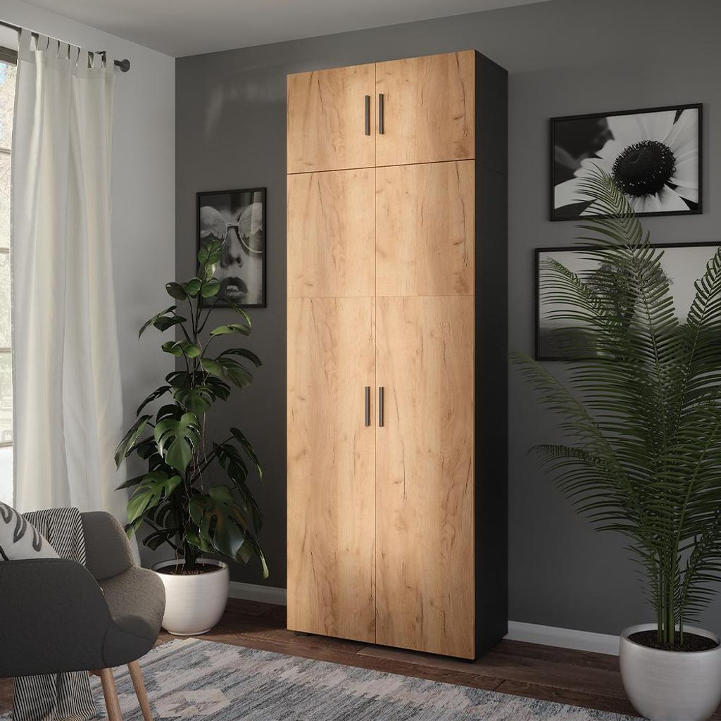 Vicco Mehrzweckschrank Ingo, 80 x 223.8 cm mit Schrankaufsatz, Anthrazit/Goldkraft Eiche