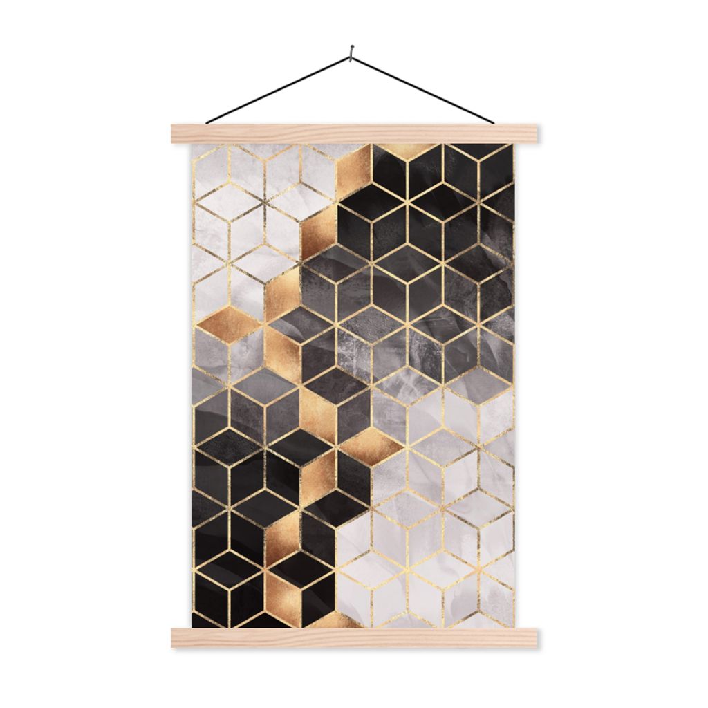 MuchoWow Textilposter Abstrakt - Würfel - Gold - Muster - Schwarz - Weiß 40x60 cm mit holzfarbenen Rahmen - Poster