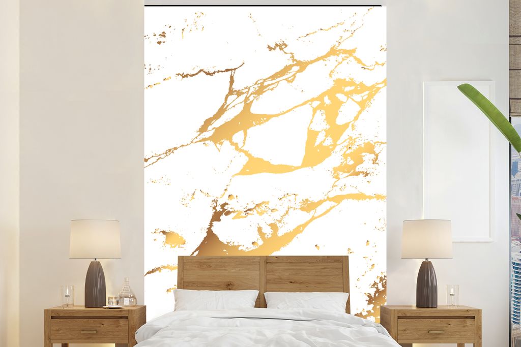 MuchoWow Fototapete für Wohnzimmer oder Schlafzimmer Wandtapete Vinyl Motivtapete Marmor - Weiß - Gold - Luxus - 195x300 cm - Das Hintergrundbild