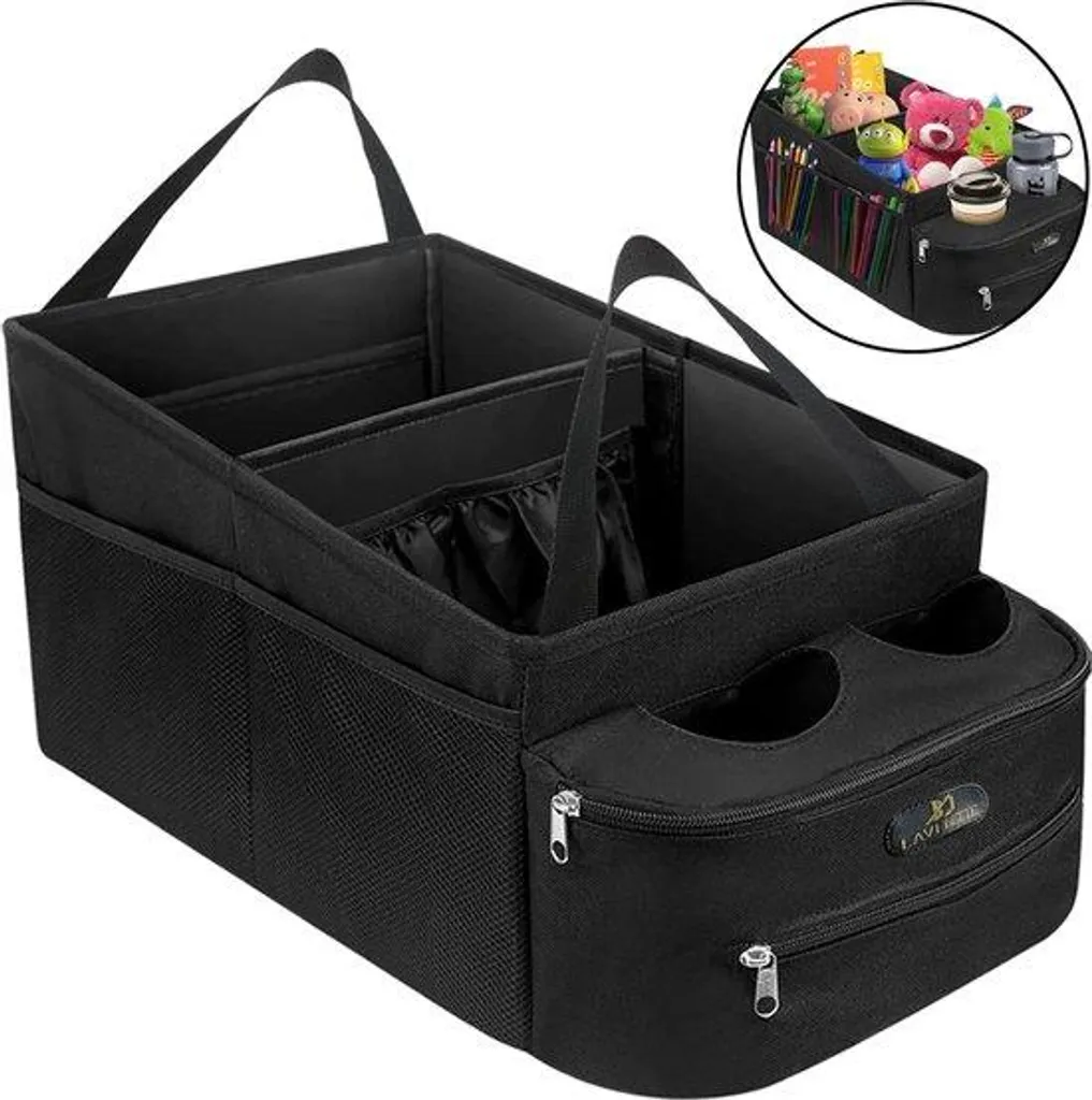 Organiseur de voiture enfant avec porte-gobelet et pochette en tissu noir