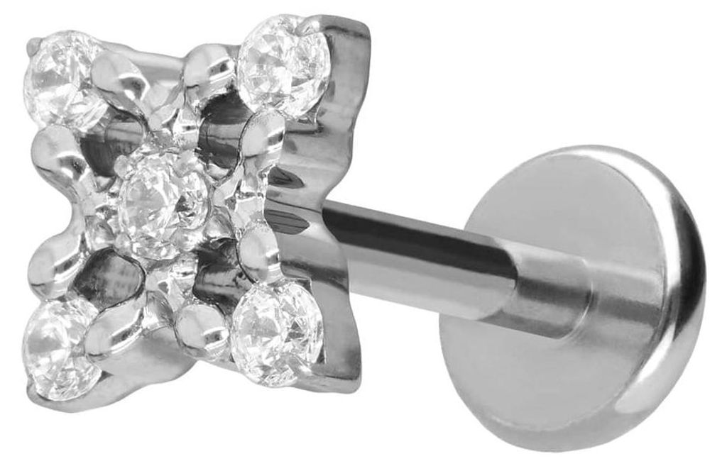 Ohrpiercing, Nasenpiercing Titan Labret mit Push Fit KRISTALLBLUME Silber Stablänge: 8mm | Stabstärke: 1mm