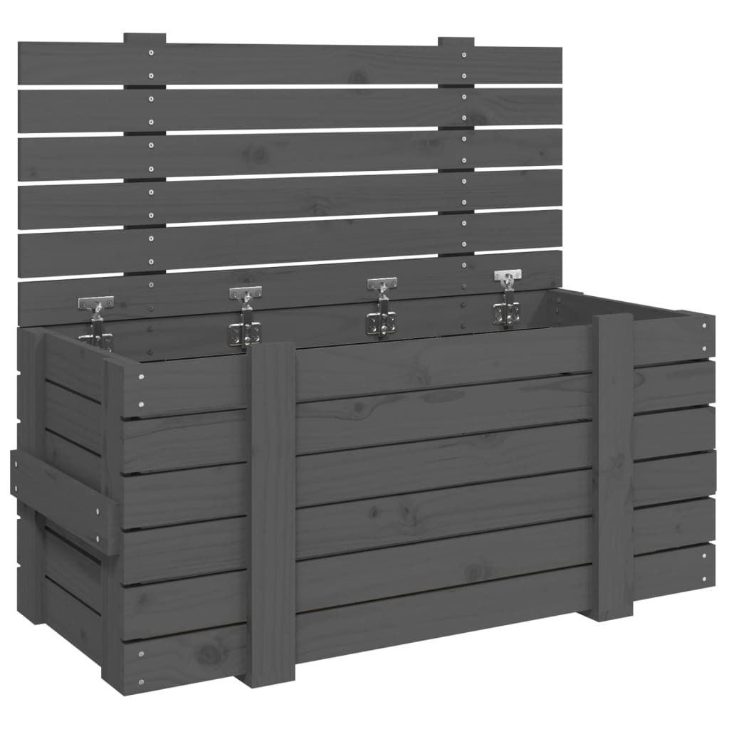 A gray wooden storage chest with its lid open, showing the interior.