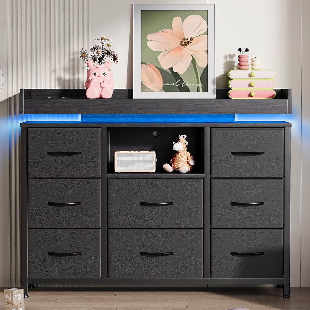 ProximaX Schwarze Kommode mit 8 Schubladen, Ladestation & Produktbild 