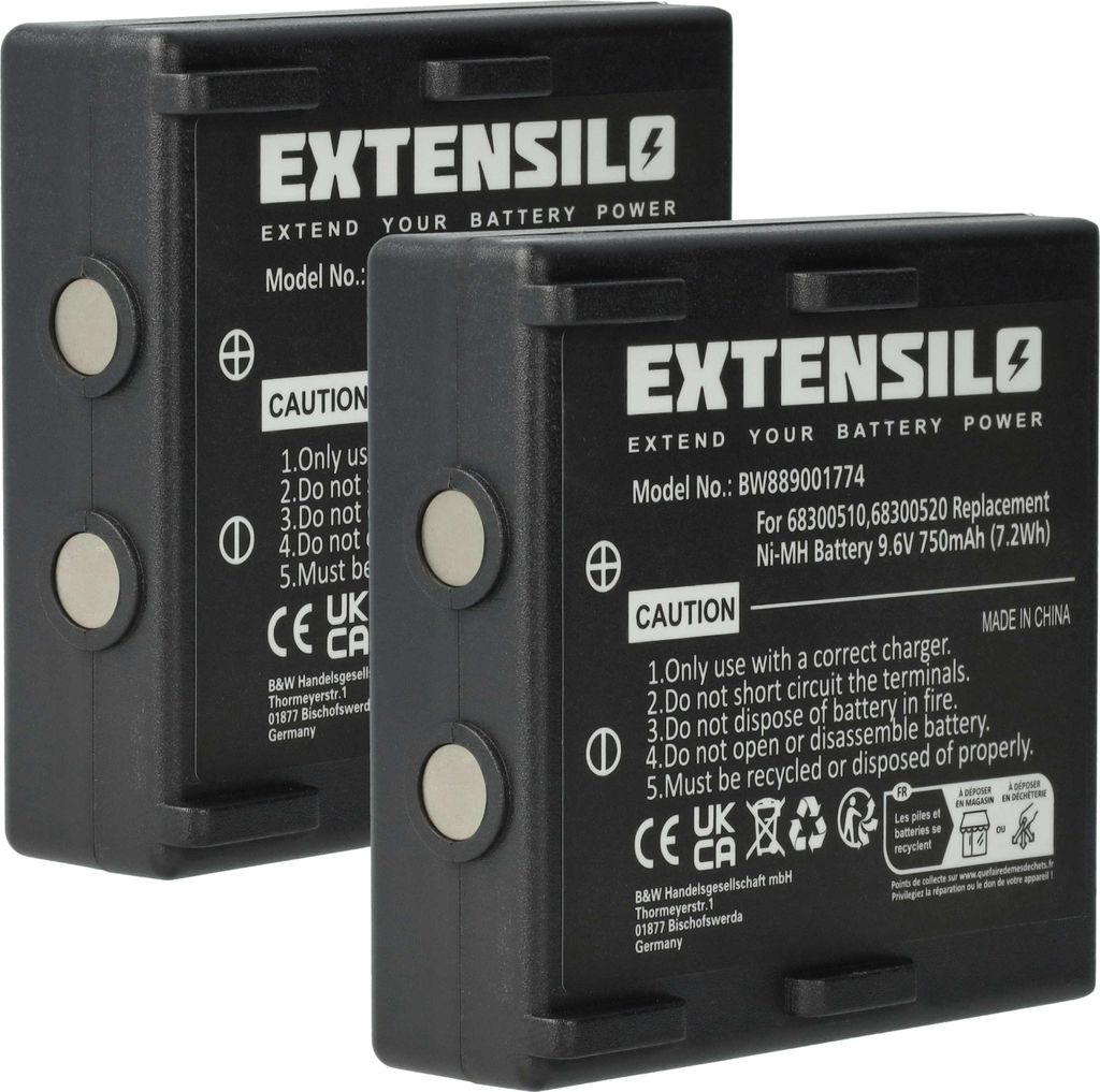 EXTENSILO 2x Akku Ersatz für Hetronic NM19HB, KH68300520.A, RHE9608KY für Industrie-Funkfernsteuerung Fernbedienung (750 mAh, 9,6 V, NiMH) - Schwarz