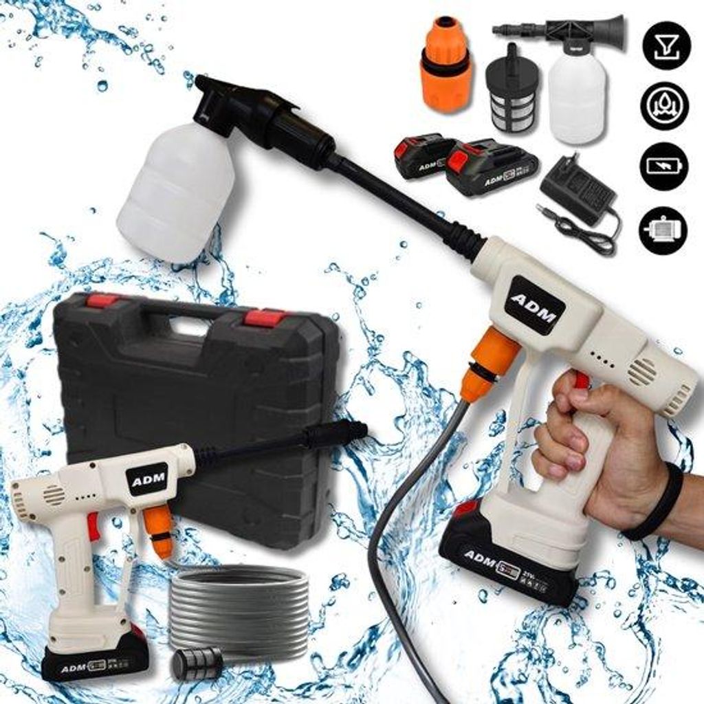 ADM Kabelloser Mini-Hochdruckreiniger – 21V mit 2 Akkus + Transportkoffer Reinigen – überall und jederzeit, ohne Kabel, ohne Aufwand