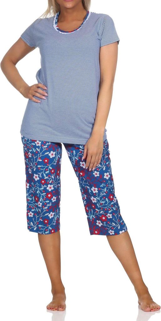 Normann Damen kurzarm Schlafanzug mit Caprihose, Oberteil gestreift - auch in Übergrößen ; marine , 48