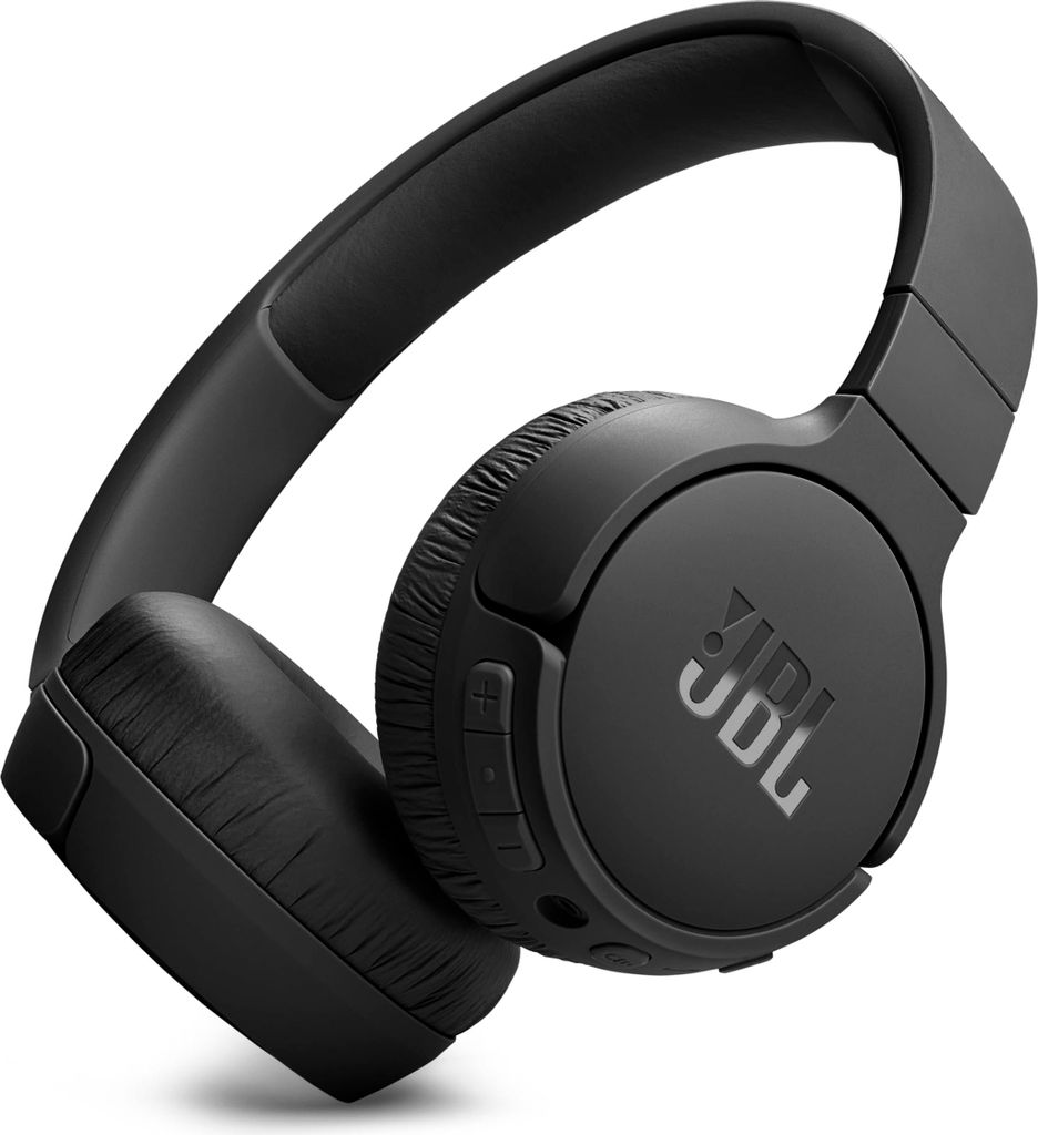 A black JBL Tune 670NC headphone is shown in a studio shot.