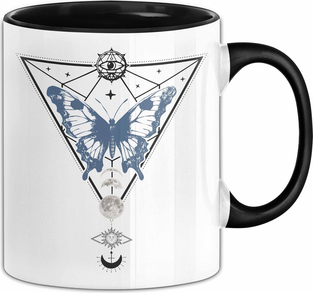 Mystical Tasse Blackcraft Lineart Moon Schmetterling Hexerei Astrologie Tattoo Kaffee-Becher Tarot (Schwarz)