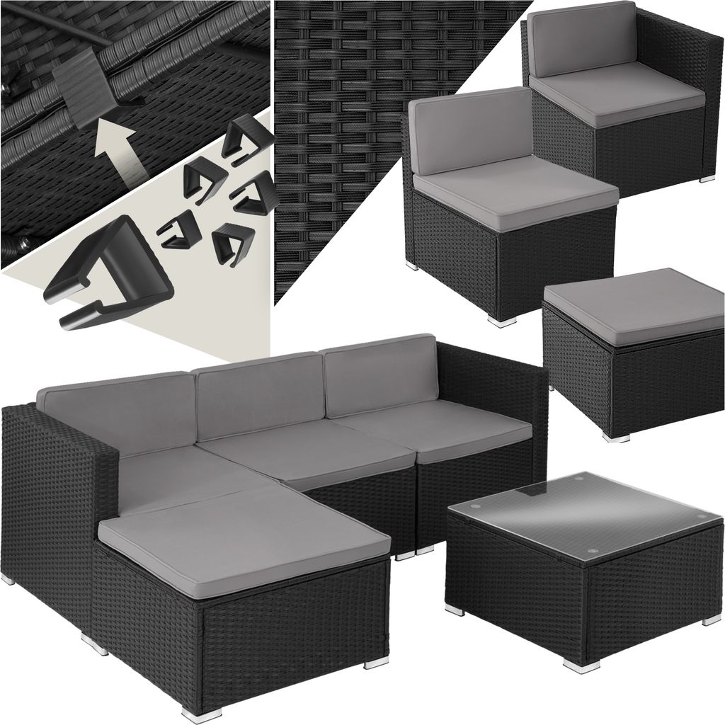 A collage of images showing a modular rattan lounge set with grey cushions, including individual seating modules, an ottoman, and a coffee table, along with close-ups of assembly clips and the rattan weave pattern.