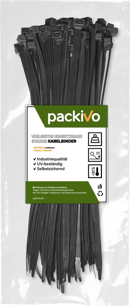 PACKIVO Profi Kabelbinder 7,6 x 300mm schwarz extra starke Produktbild 