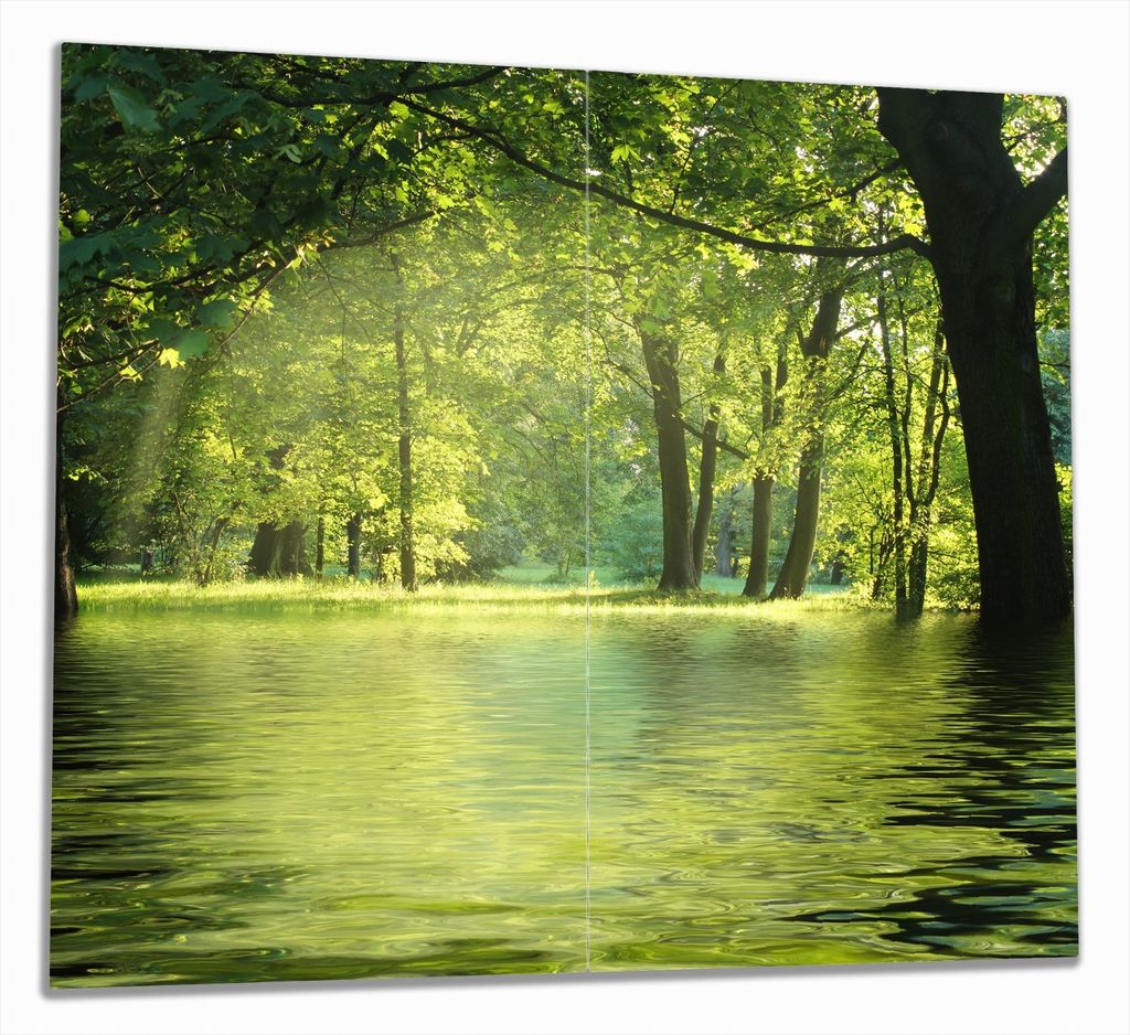 Wallario Herdabdeckplatte aus Glas, Größe 60 x 52 cm 2-teilig, Motiv Idyllischer See im Wald bei Sonnenschein