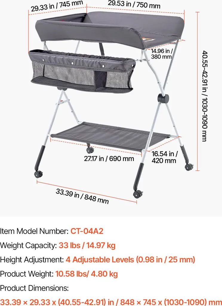 Table à langer pliable avec roulettes et hauteur ajustable ergonomique