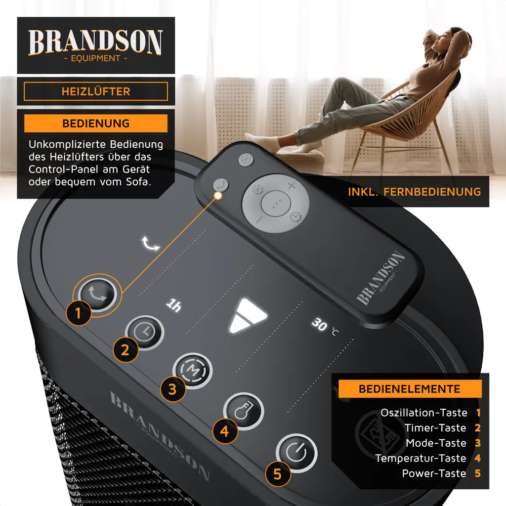 Brandson Radiateur Soufflant 2000W Céramique Noir avec Télécommande