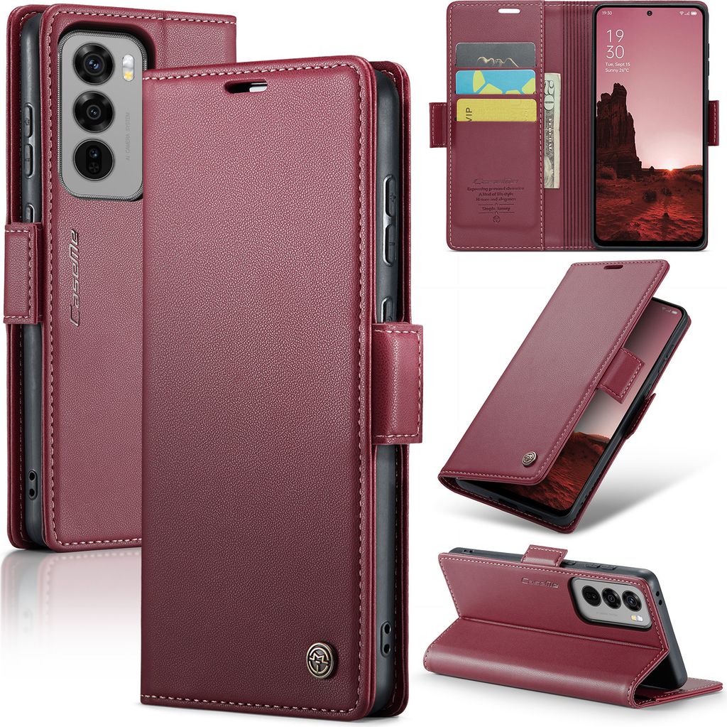 Lederhülle für Oppo Reno12 Brieftasche Kartenfach Schutzhülle mit Standfunktion Rot