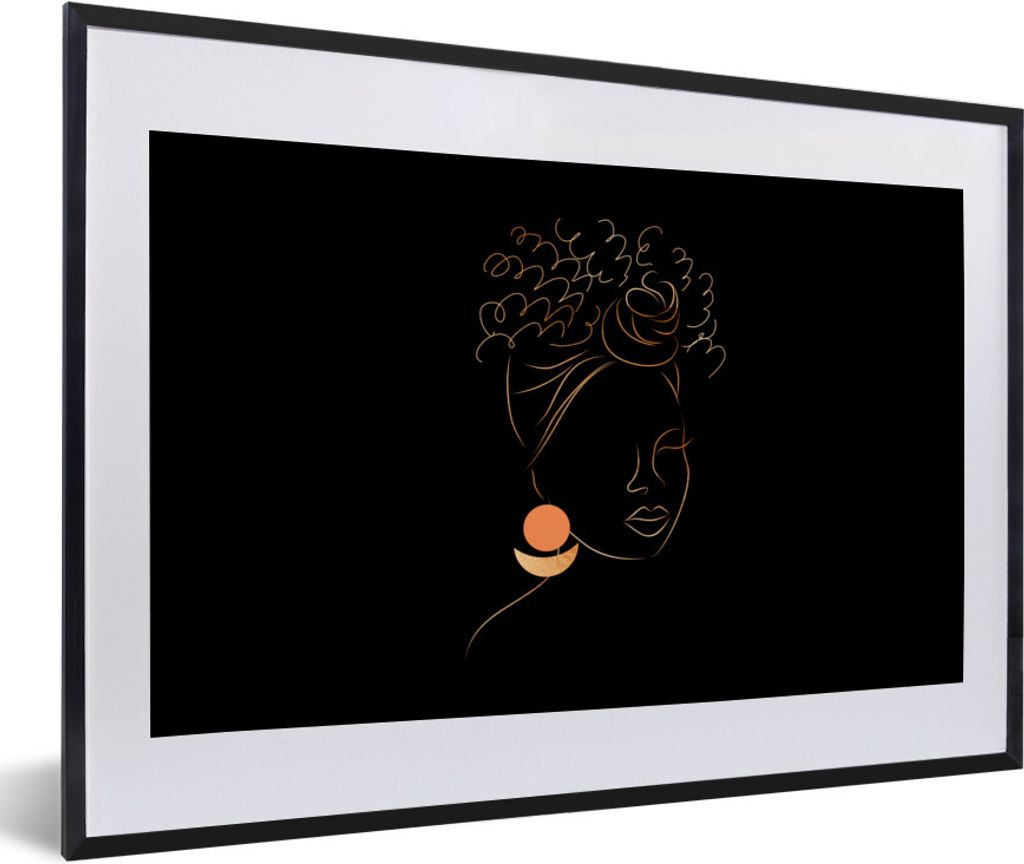 MuchoWow Gerahmtes Poster Frau - Gold - Schwarz - Strichzeichnung 60x40 cm - Poster mit Schwarzem Bilderrahmen Wandposter Rahmen Foto Bilder - Sc...