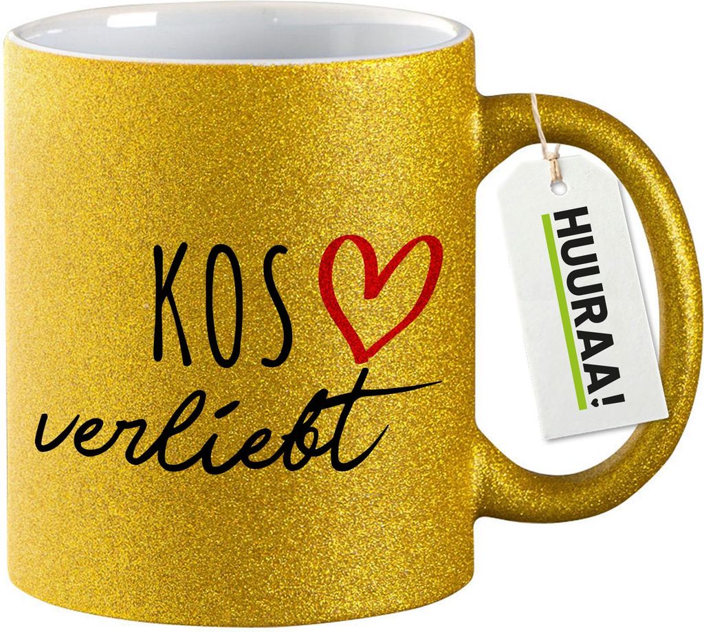 Huuraa Glitzertasse Kos verliebt 330ml Gold Keramik Kaffeebecher Geschenkidee