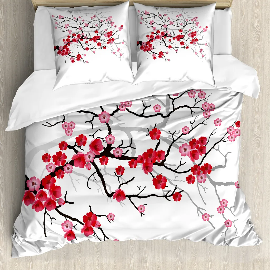 ABAKUHAUS Copripiumino naturale, fiori di sakura, antiacaro, adatto a chi soffre di allergie, con federe, 155 cm x 220 cm - 80 x 80 cm, marrone scuro corallo scuro