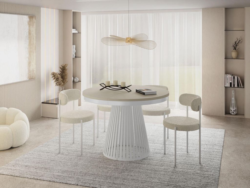 Esstisch Rund Ausziehbar mit Lamellen im Loft-Stil – 100 bis 180 cm – Industrieller Tisch mit Weißen Metallbeinen, Platzsparend für Wohnzimme...