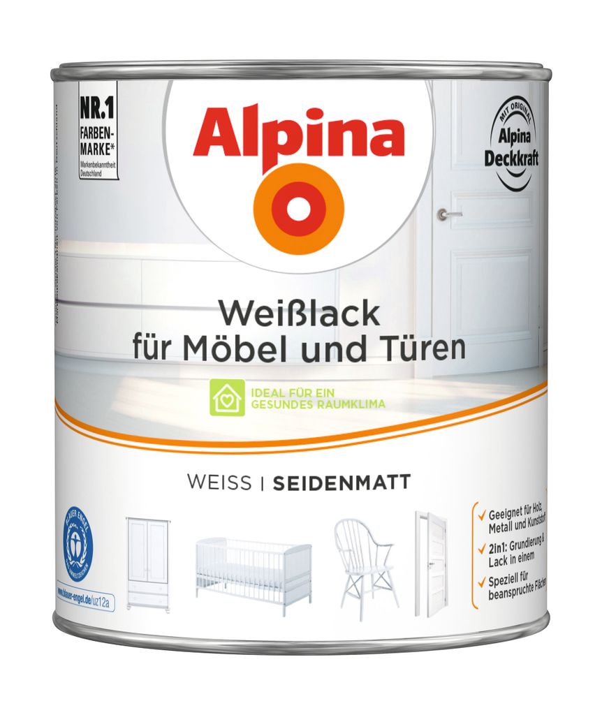 Alpina Weißlack für Möbel & Türen seidenmatt weiß 2 l Produktbild 