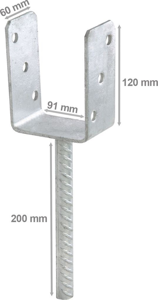 A silver metal post anchor with dimensions indicated by text.