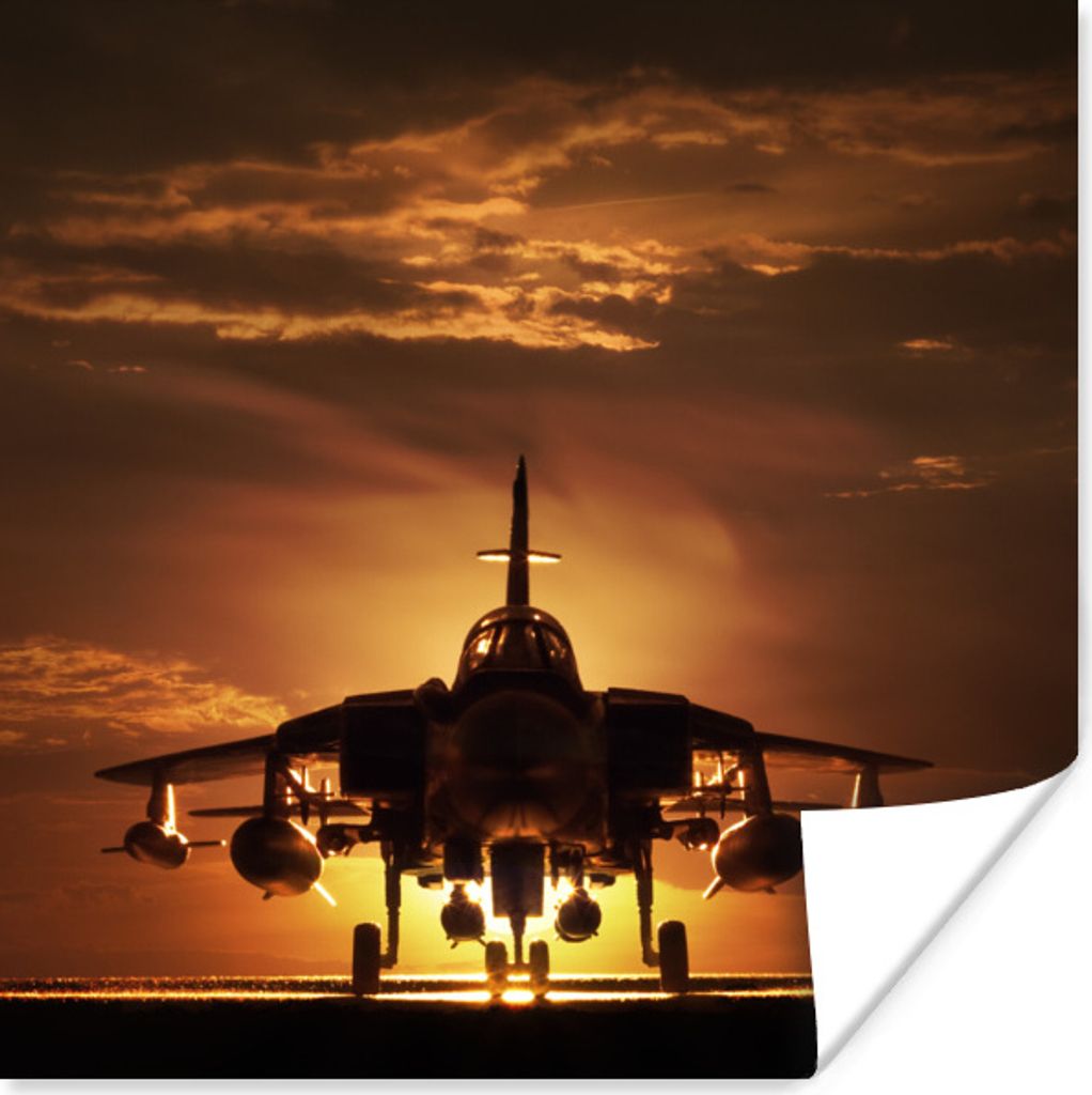 MuchoWow Poster Die Silhouette eines Kampfjets bei Sonnenuntergang 50x50 cm - Wohnzimmerdekoration