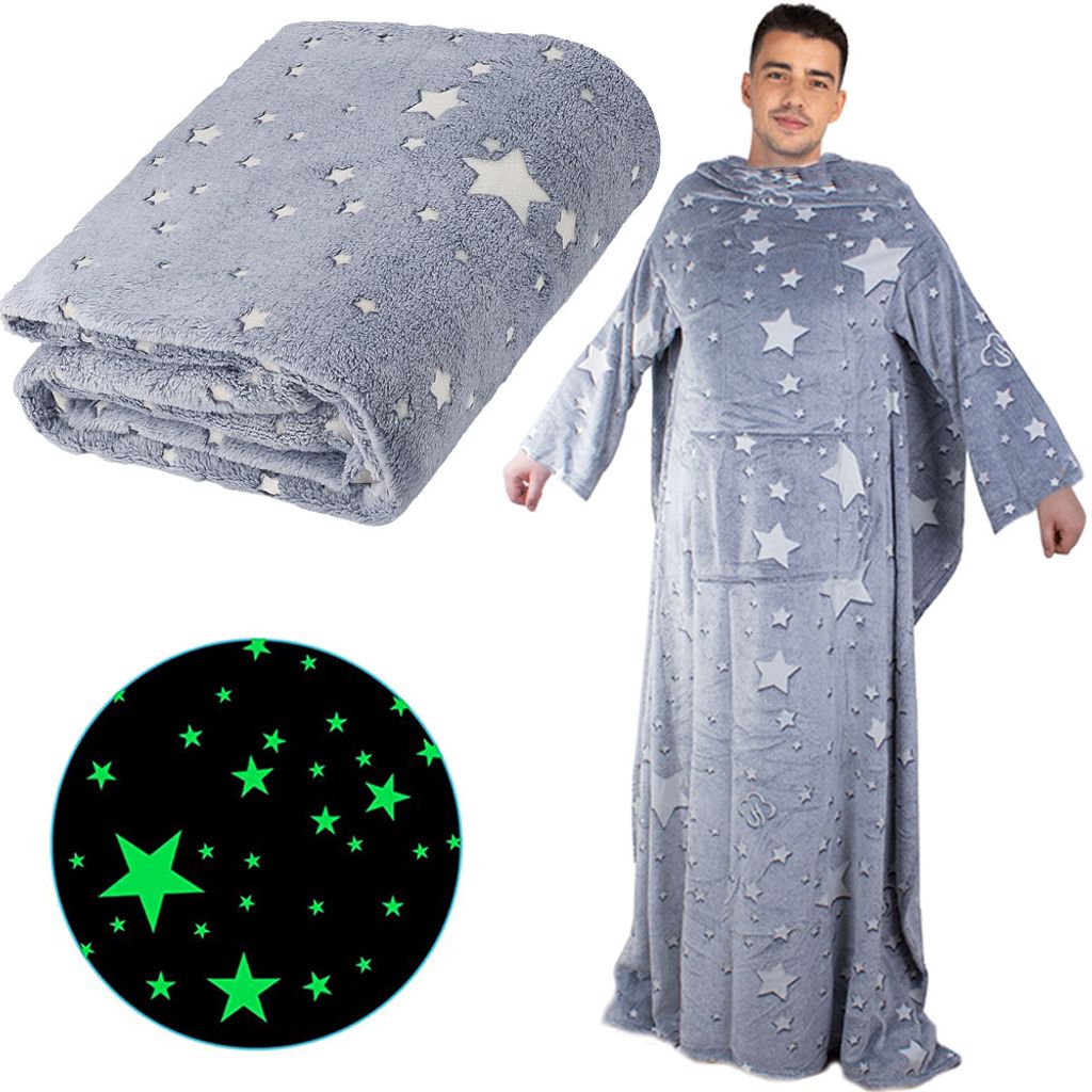 A collage showing a folded blanket with stars, a close-up of glowing stars, and a person wearing a blanket with sleeves.