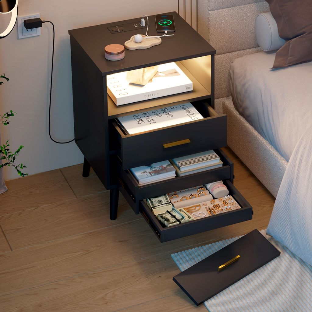 LVSOMT Nachttisch mit Geheimfach und LED, Drahtloses Laden, USB, Type-C(1-St., mit zwei Schubladen und einer versteckten Schublade), 40T x 45B x 65...