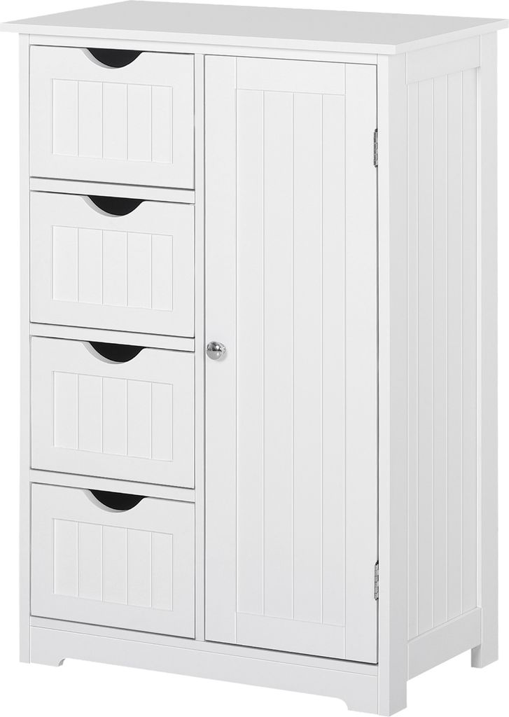 kleankin Badezimmer-Hilfsschrank, Badezimmermöbel mit Tür, 4 Schubladen und verstellbarem Regal für Küche, Wohnzimmer, 56 x 30 x 83 cm, Weiß