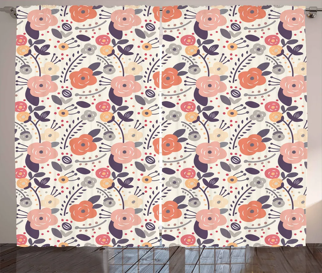 ABAKUHAUS Tenda rustica con motivi floreali, Vintage Doodle Floral, tenda con passanti e ganci per camera da letto, 280 x 175 cm, multicolore