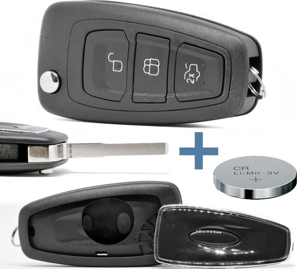 A collage of images showing a car key fob, its disassembled parts, a key blade, and a coin cell battery.