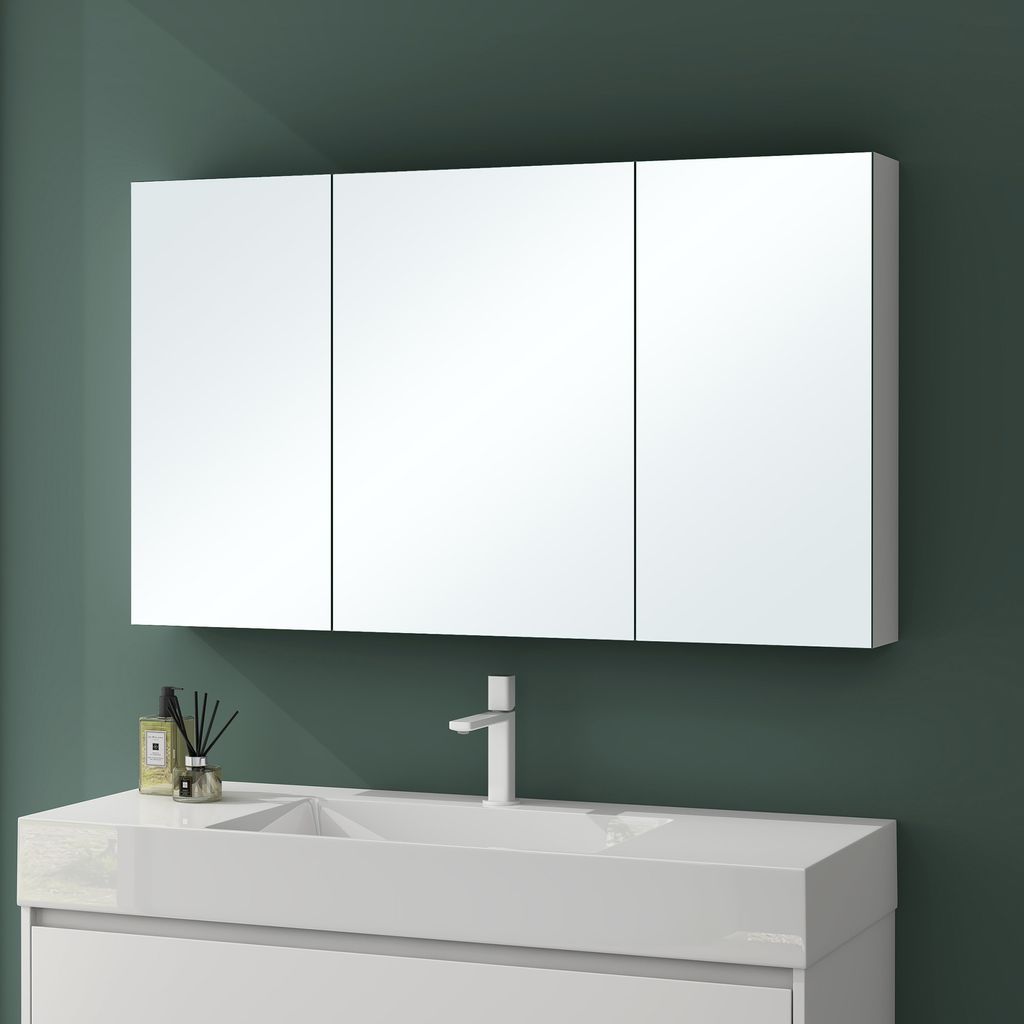 A modern bathroom vanity with a triple-door mirrored medicine cabinet above it.