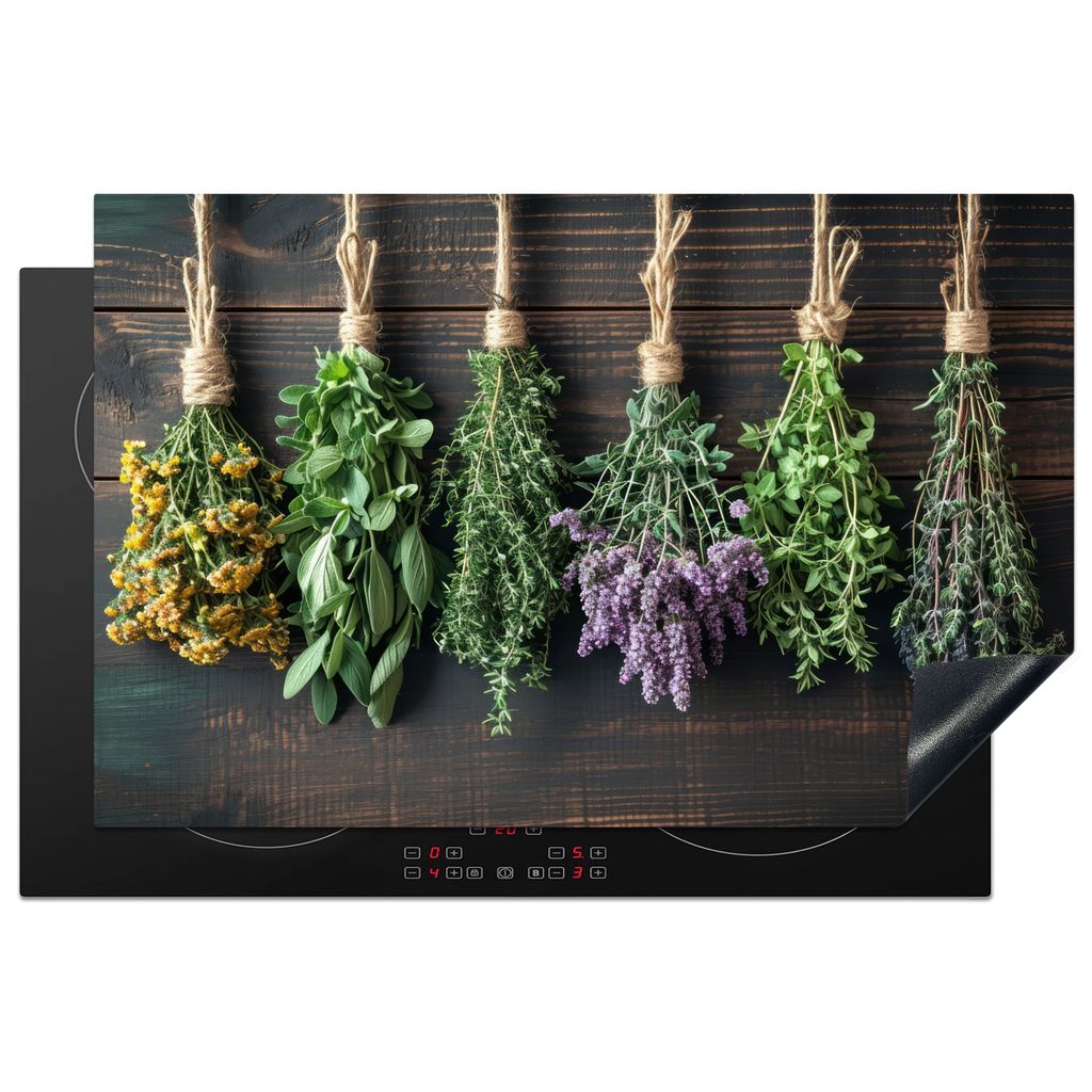 KitchenYeah Herdabdeckplatte Kräuter - Gewürze - Holz , 80x52cm, Küche Deko, Glaskeramikkochfeld Herdabdeckung, Abdeckplatte fùr Kochfeld