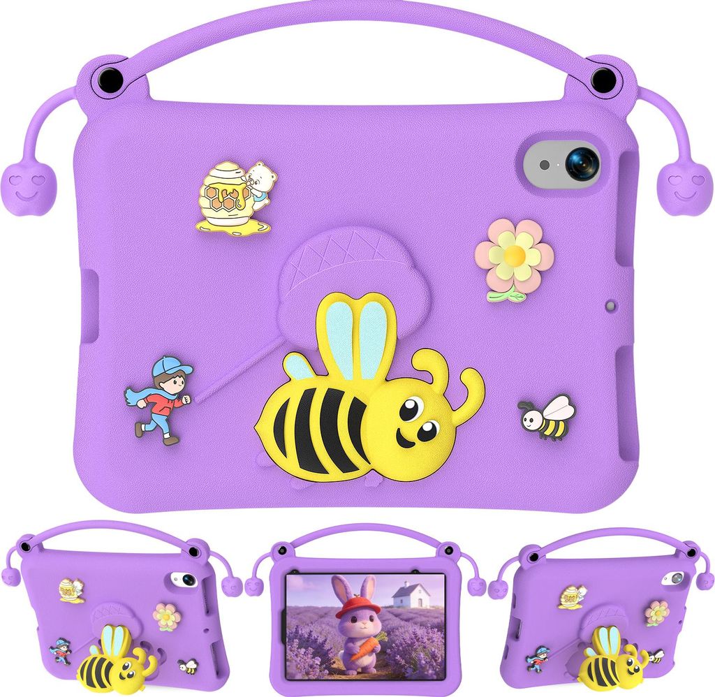 Kinder Hülle für iPad 2025/2022 11th Gen 11" (A16)/10th Gen 10,9" Leicht Stoßfeste Kindgerechtes Schutzhülle mit Griff, Biene Ständer Lila