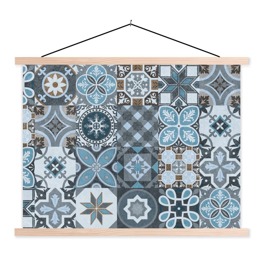 MuchoWow Textilposter Design - Blume - Blau - Figuren 120x90 cm mit holzfarbenen Rahmen - Magnetisch