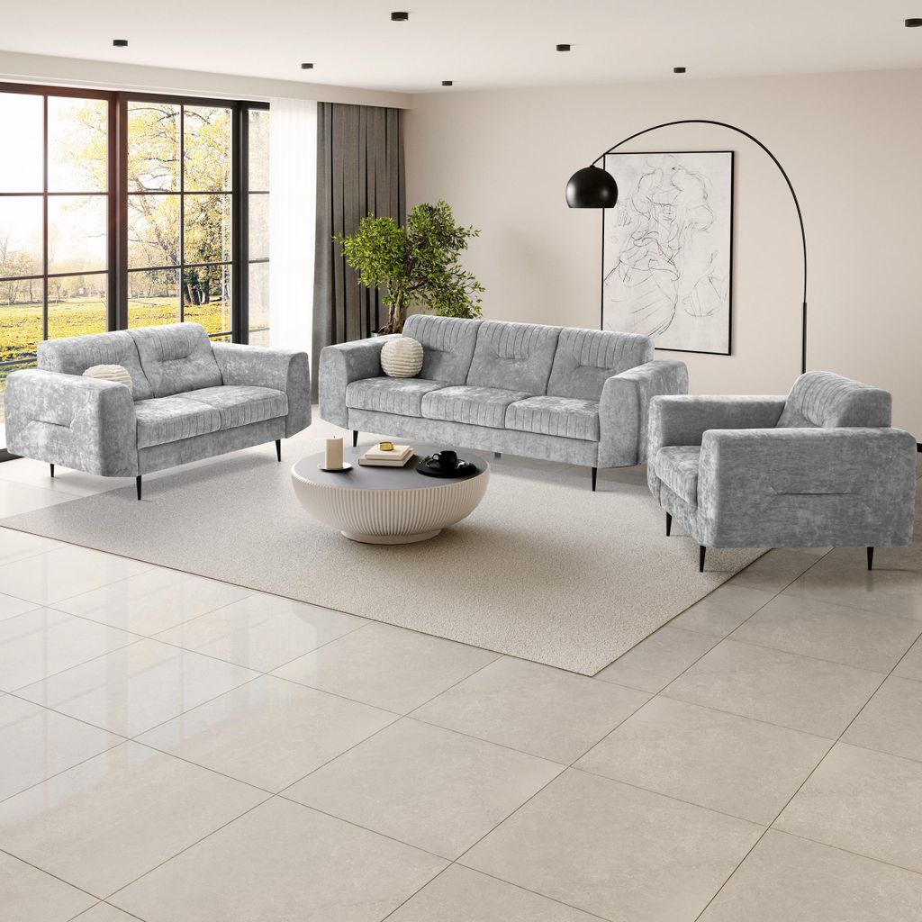 BEAUTYSOFA | Couchgarnitur VENEZIA Chenillestoff Grau – Sofa Set 3+2+1, Polsterset mit Metallbeinen Schwarz, Wohnzimmer Set ohne Schlaffunktion