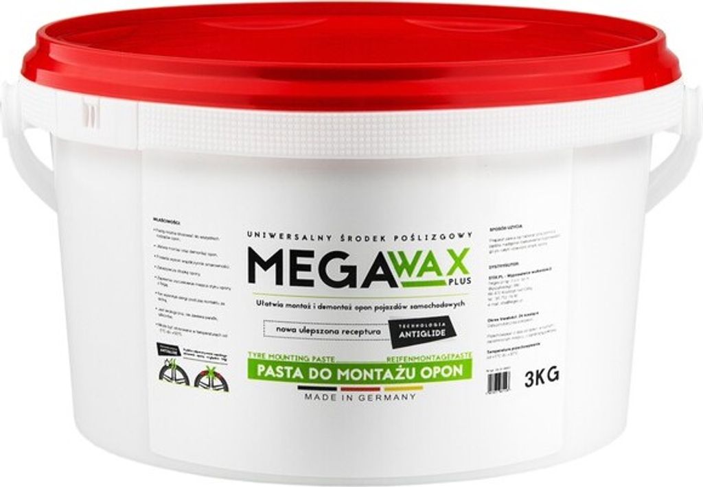 A white plastic tub with a red lid, containing tire mounting paste.