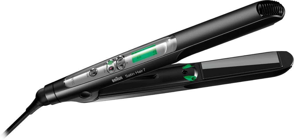 A black Braun Satin Hair 7 hair straightener is shown against a white background.