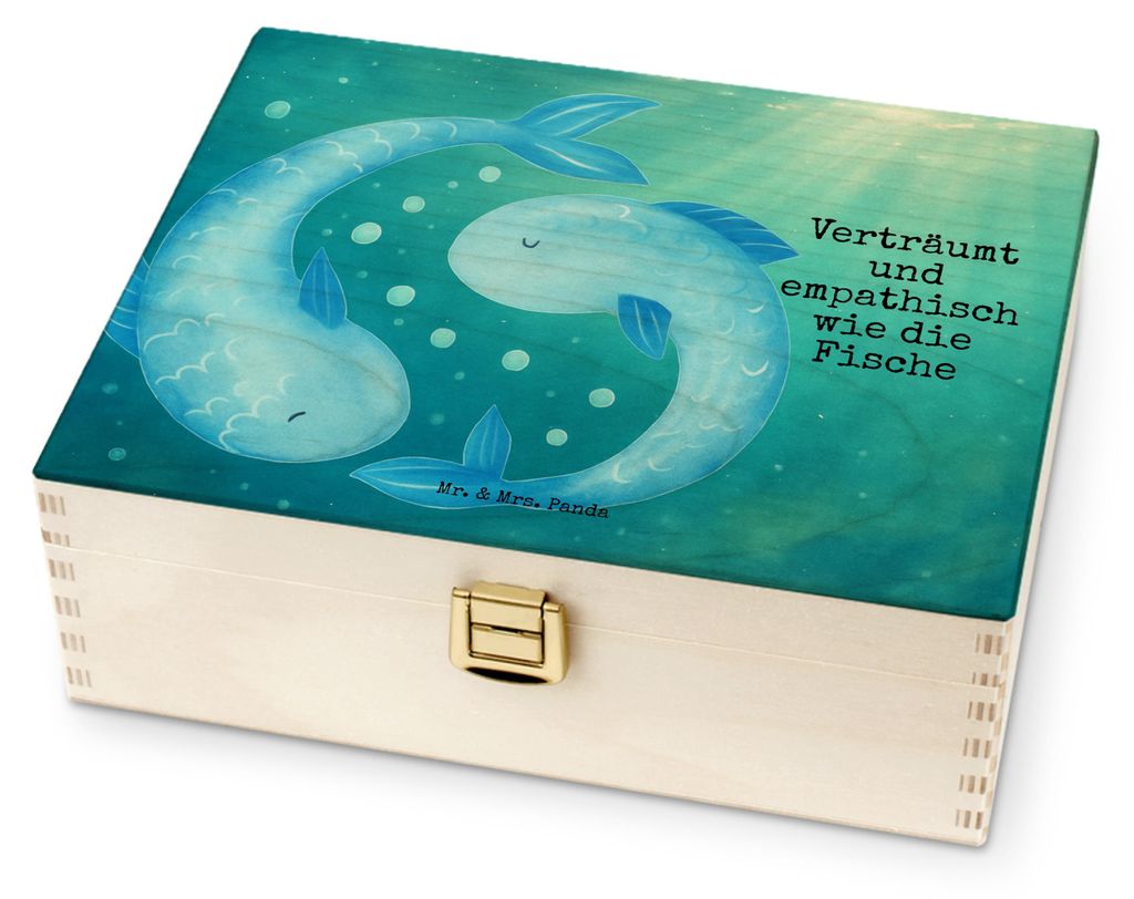 Mr. & Mrs. Panda Teebox Sternzeichen Fische Design - Weiß - Geschenk, Tee Box, Holz, Geburtstag Februar, Tee-Aufbewahrungsbox, Fisch, März, Stern...