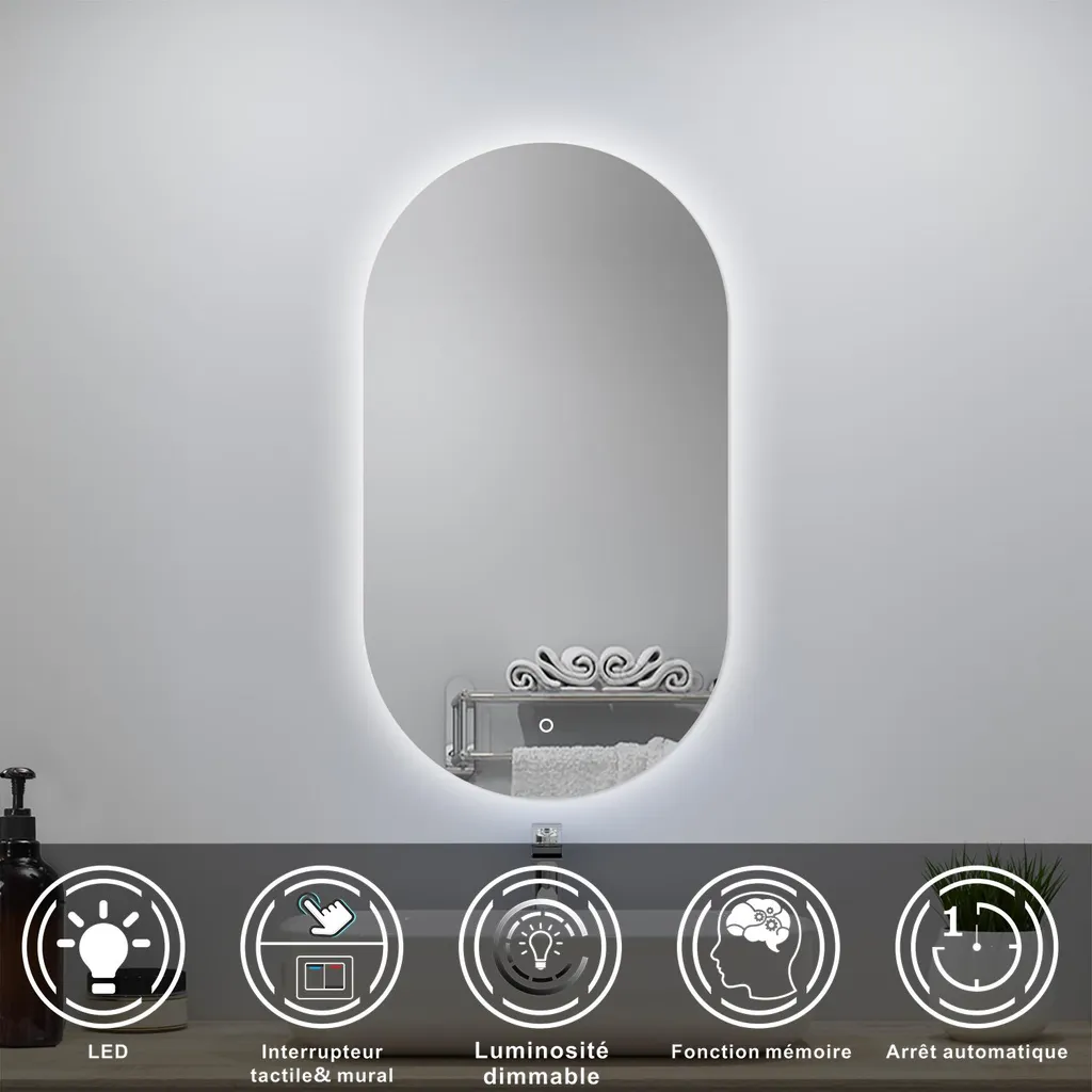 Miroir LED 60x100cm Blanc 6000k avec Luminosité Variable et Arrêt Auto
