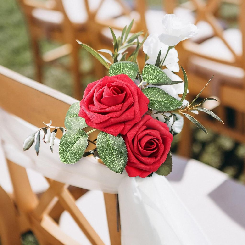 50 Stück rote Rosen, künstliche Blumen, dunkelrote Rosen