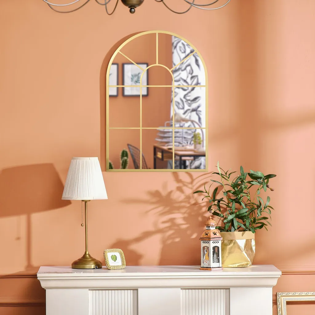 HOMCOM Miroir Mural Arqué 70x50 cm - Style Verrière Industriel Doré