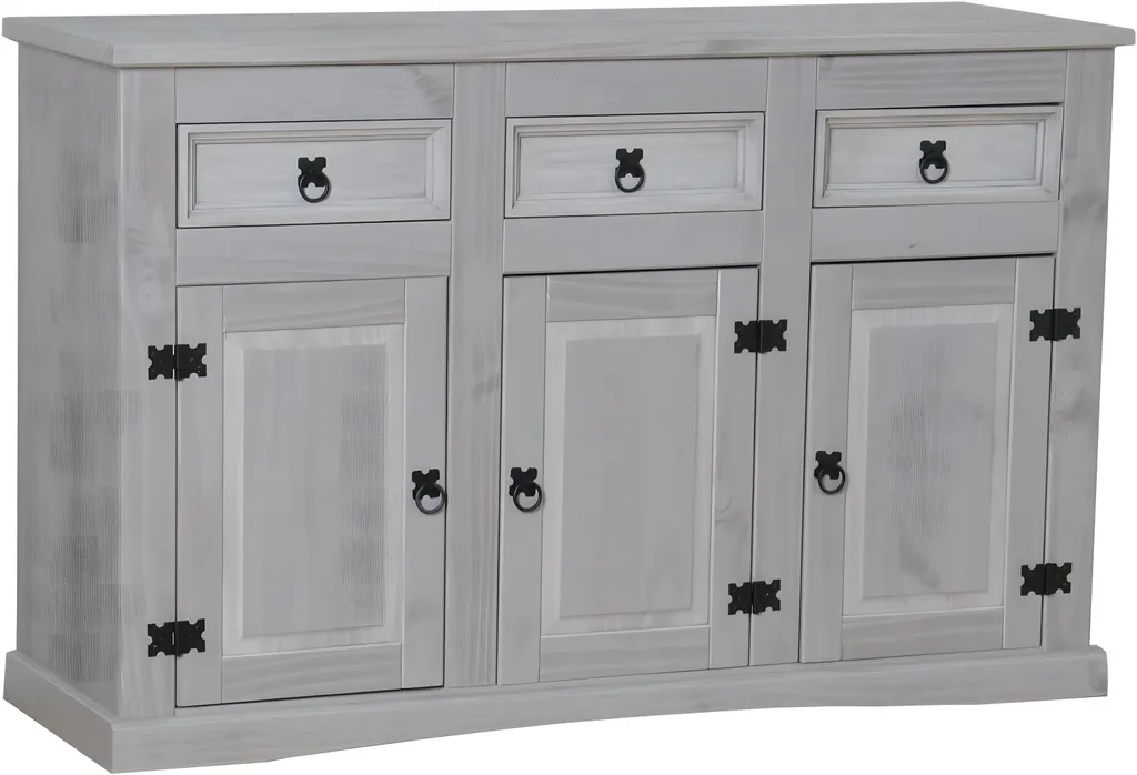 Grand meuble de rangement Mexique gris 132cm, 3 portes et 3 tiroirs