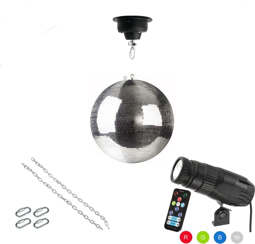 Spiegelkugel Komplettset 30cm mit Motor, 15W LED Pinspot (RGBW) und Montagematerial PROFI
