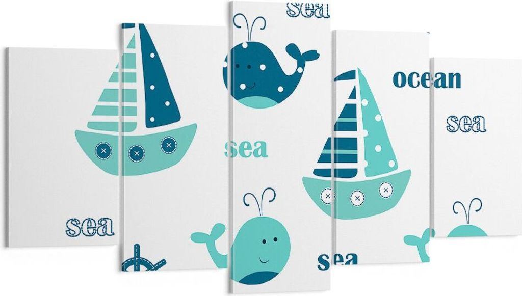 Bild auf Leinwand - Leinwandbild - Wale Schiffe Kinder Seesterne - 160x85cm - Wand Bild - Wanddeko - Leinwanddruck - Bilder - Kunstdruck - Wanddeko...