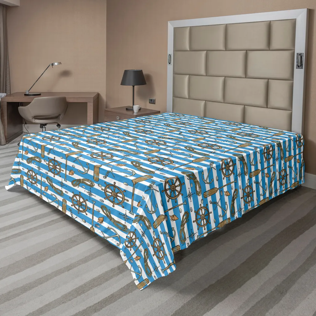 Drap de lit supérieur motif croisière nautique 244x205 cm décoratif bleu